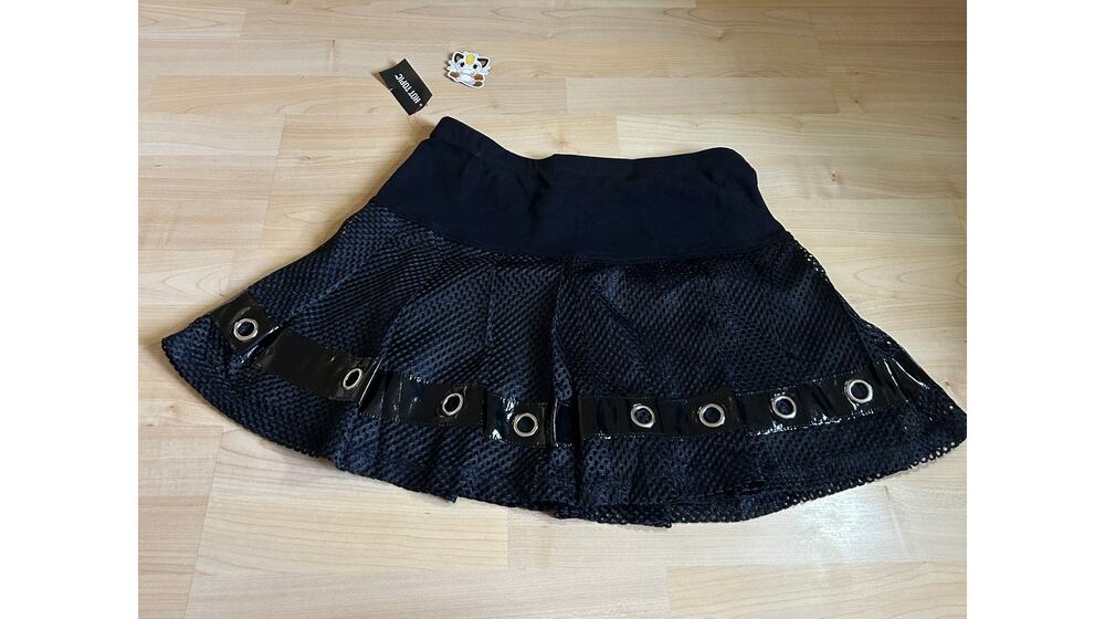 TRIPP NYC Pleated Mesh Mini Skirt Vinyl Grommet Trim Black Medium Goth Punk Y2K